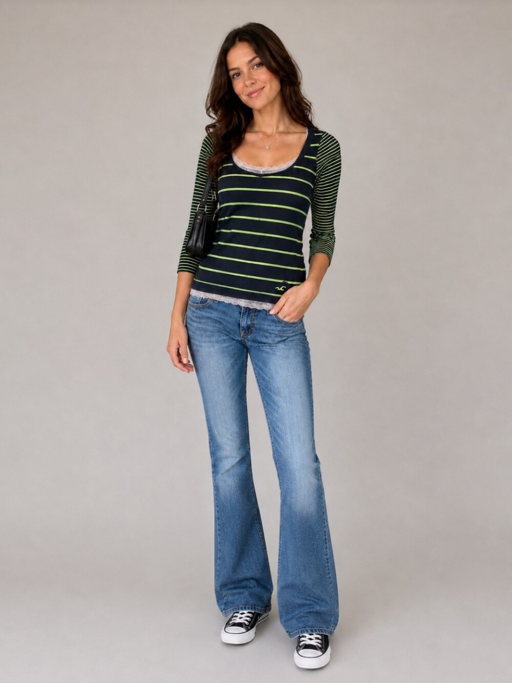 Y2K Vintage Hollister 3/4 Sleeve Navy + Neon Green Striped Top - Picture 2 of 5